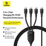 Baseus Flash Series 3 100W One-for-Three Type-C to C+C+C Fast Charging Cable – 1.5M – Nylon Braided – Black - Image 2